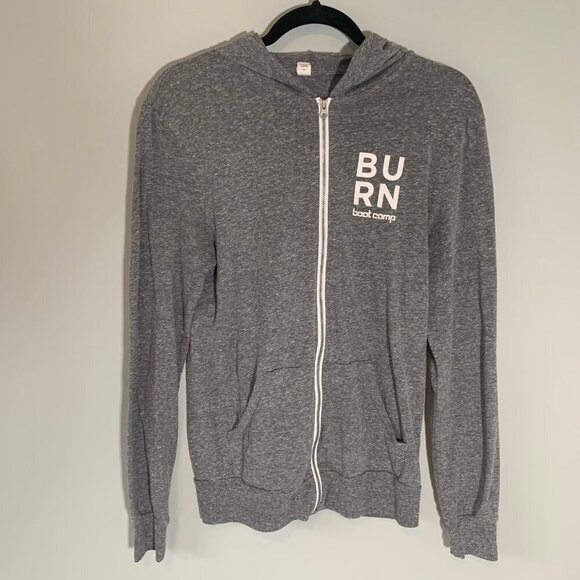 Burn Bootcamp heather gray full zipper lightweight long sleeve hooded sweatshirt - Picture 1 of 9